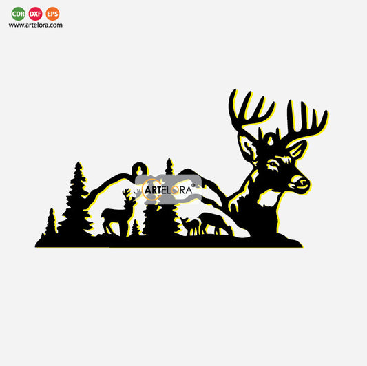 2D Modern Art Landscape Mountain Tree deer Animals